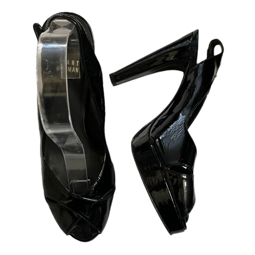 STUART WEITZMAN Platform Patent Leather Pumps Peep Toe Slingback Block Heels 8.5